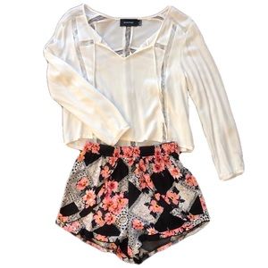 MINK PINK Floral Shorts and White Lace Blouse